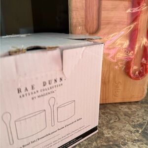 Rae Dunn Guac/Salsa Bowl Set with Small Wooden Charcuterie Board with Red Handle